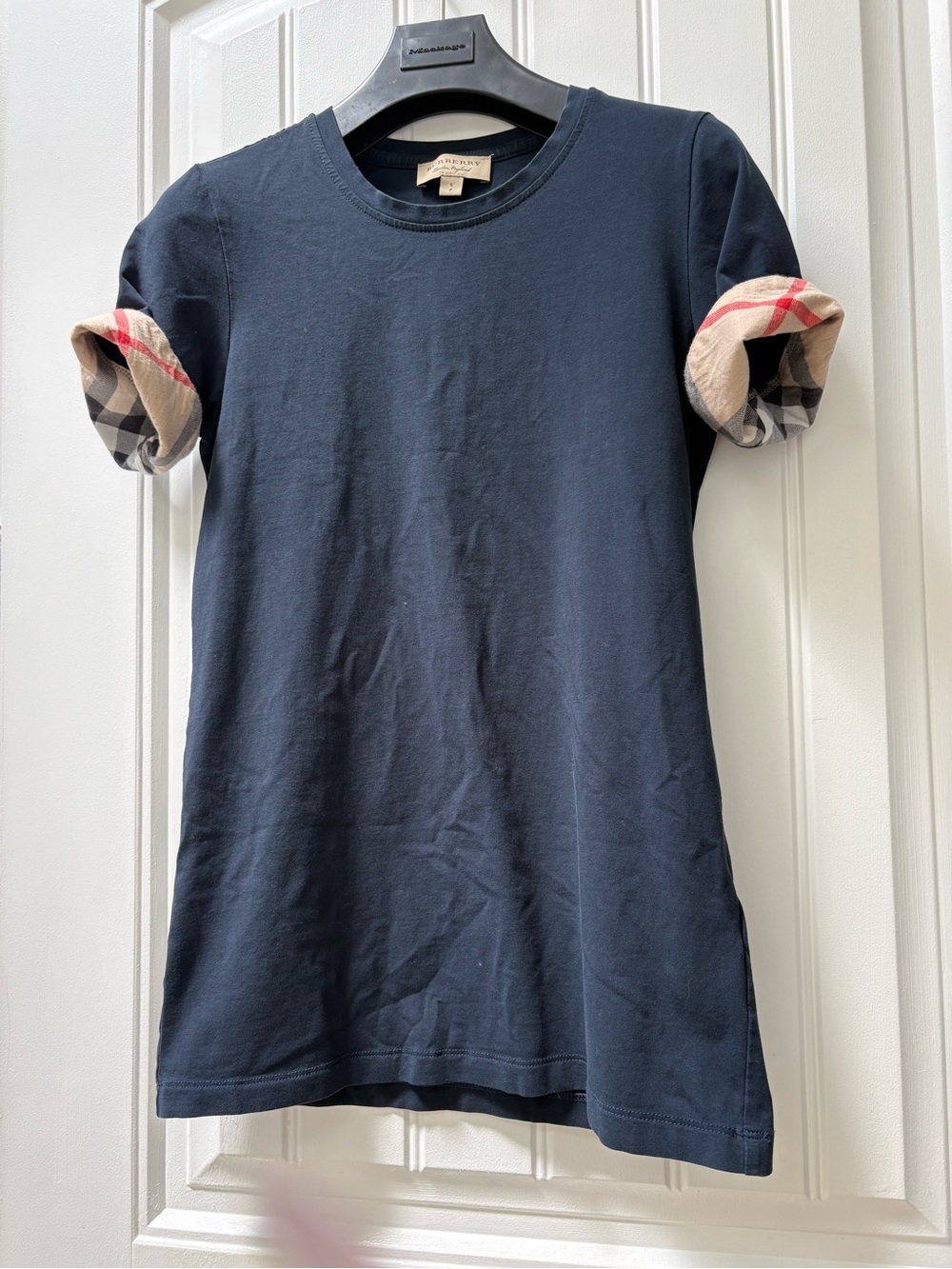 Authentic Burberry Short Sleeve Tee with Signature Check Cuff- Navy in size S